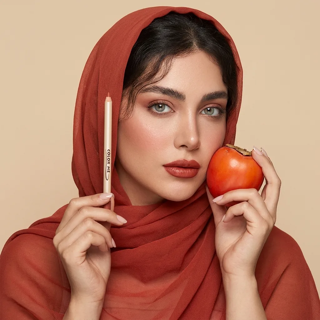 مداد لب کالر می با بدنهٔ چوبی و رنگ آجری — روی مدل