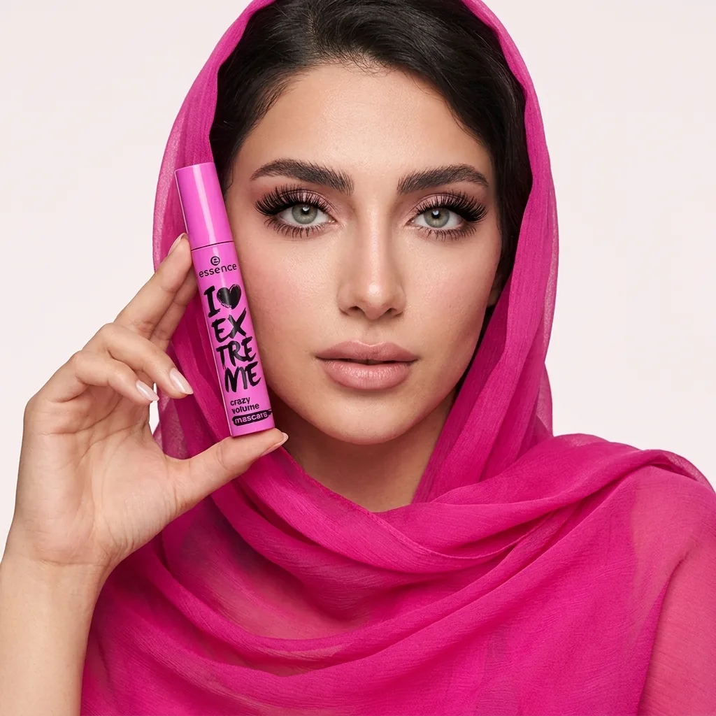ریمل حجمدهنده اسنس مدل I Love Extreme Crazy Volume (بدنهٔ صورتی) — روی مدل