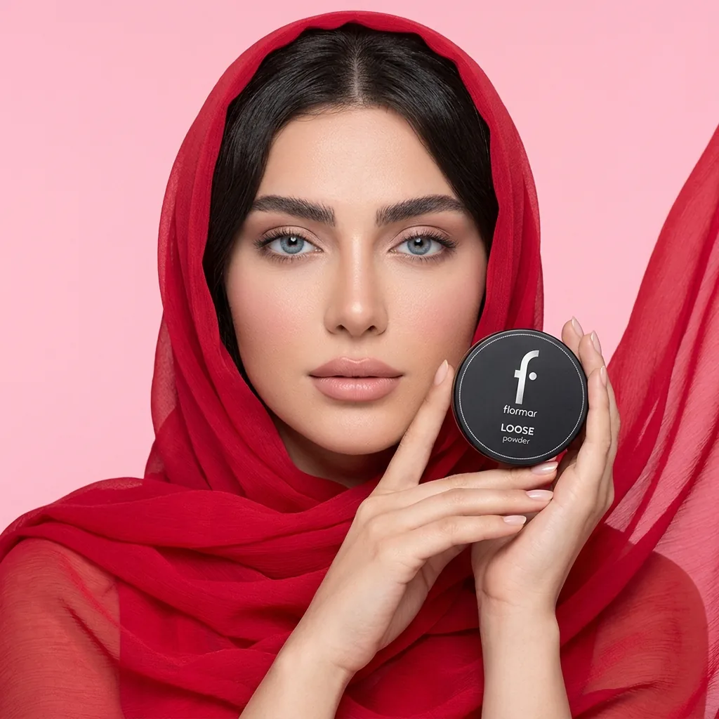 پودر فیکس فلورمار مدل Loose Powder، شید روشن — روی مدل