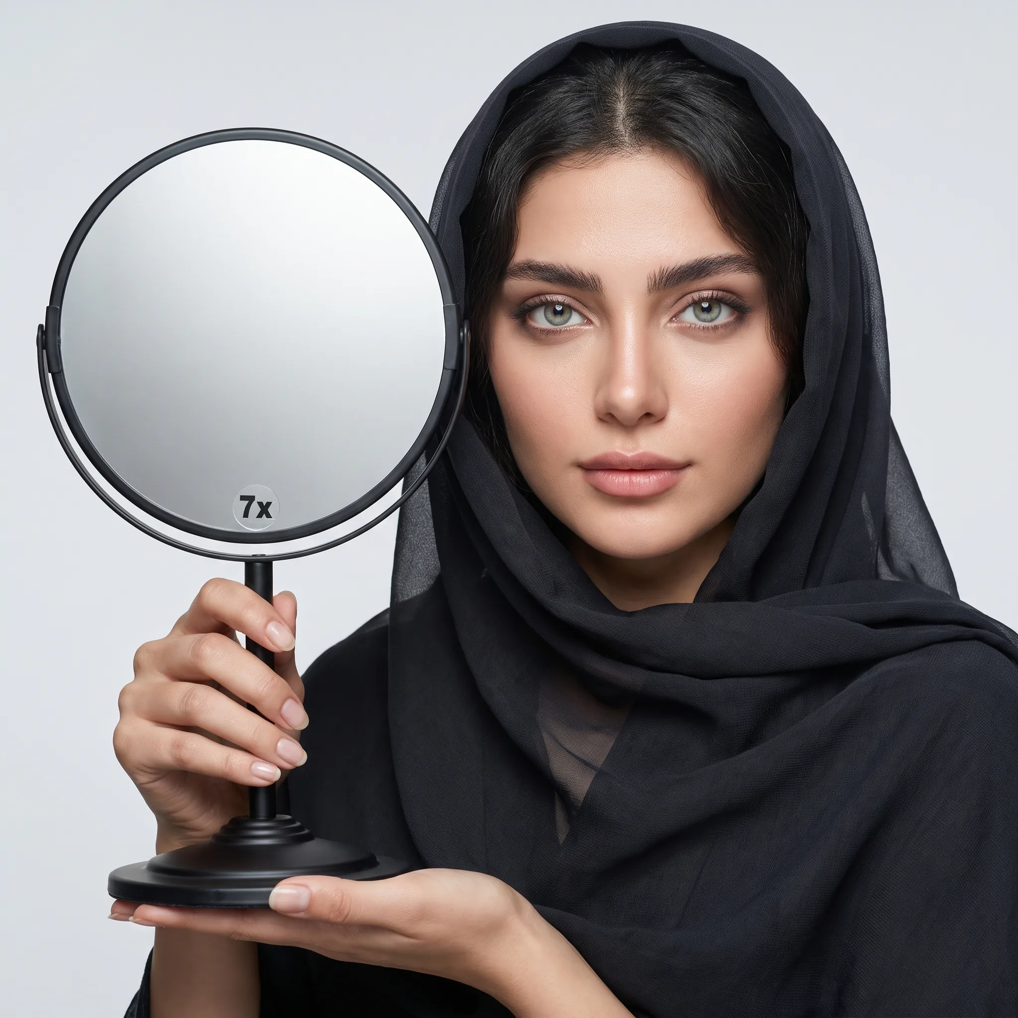 آینه رومیزی مشکی در دست مدل