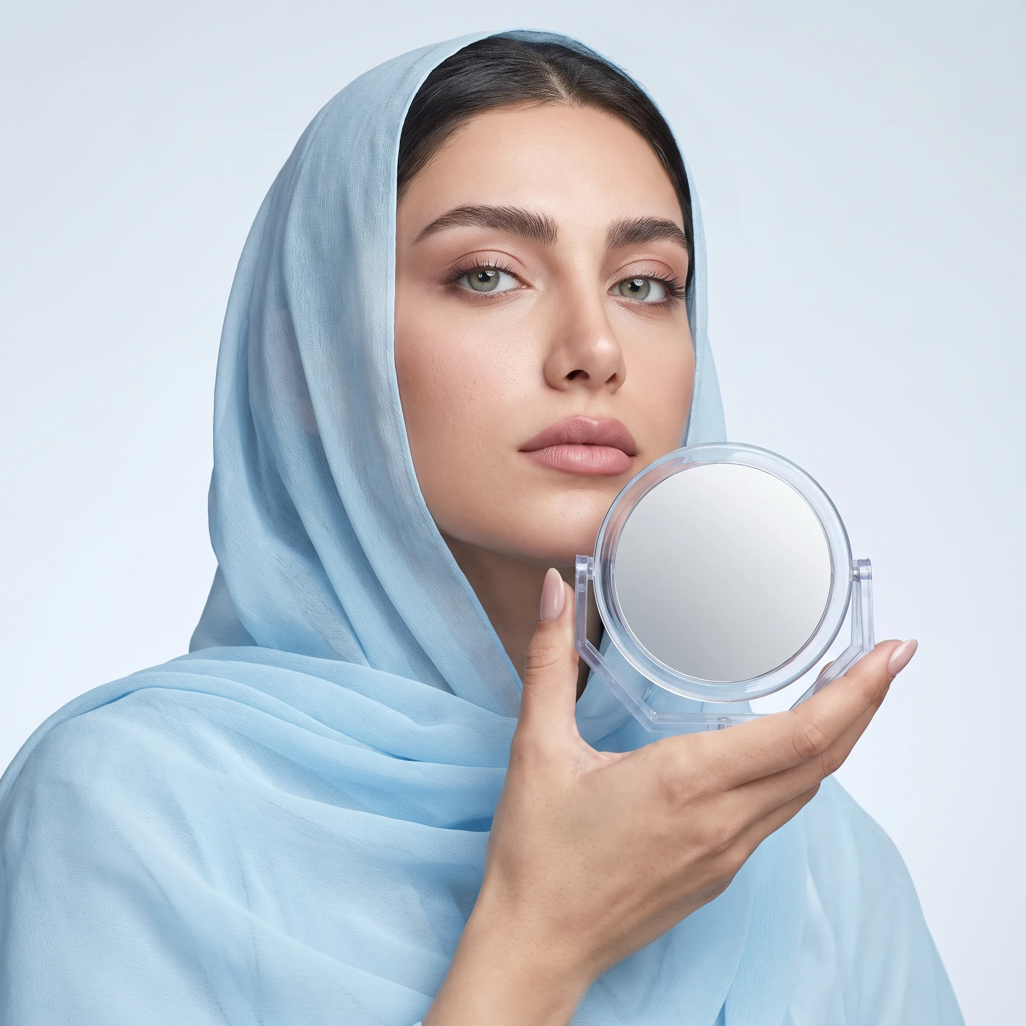 آینه رومیزی کریستالی در دست مدل