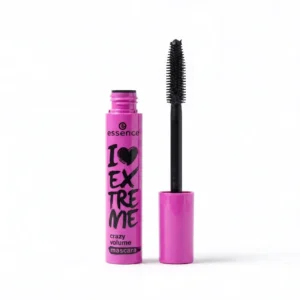ریمل حجمدهنده اسنس مدل I Love Extreme Crazy Volume (بدنهٔ صورتی) — نمای روبهرو با برس ژلهای