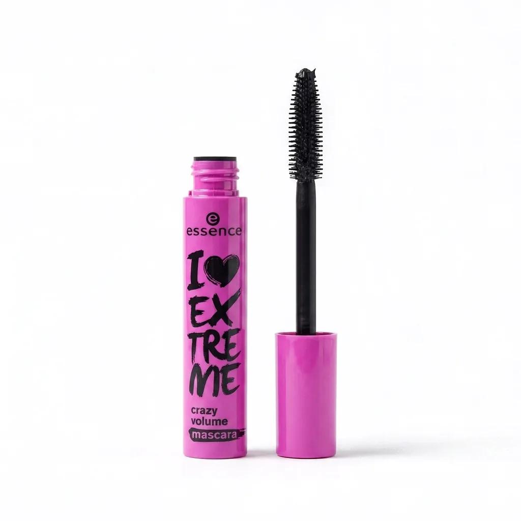 ریمل حجمدهنده اسنس مدل I Love Extreme Crazy Volume (بدنهٔ صورتی) — نمای روبهرو با برس ژلهای