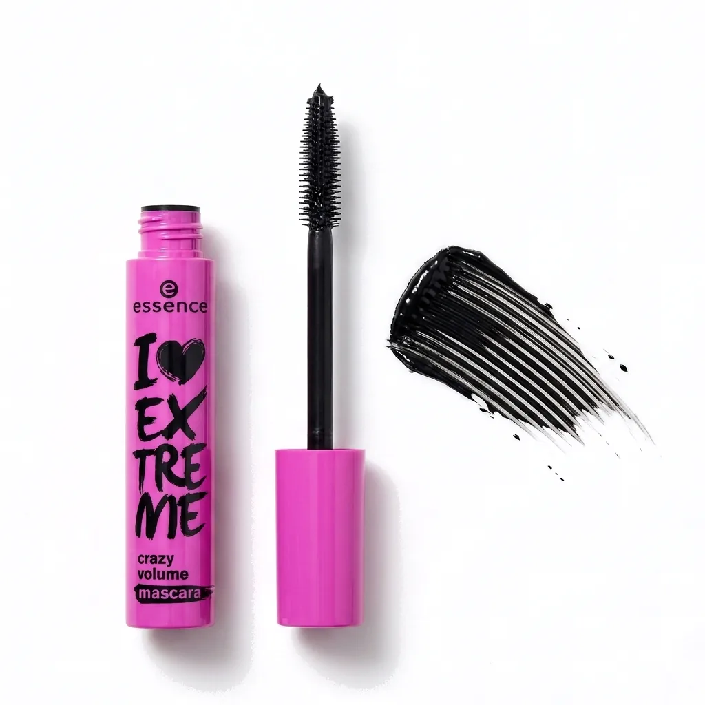 ریمل حجمدهنده اسنس مدل I Love Extreme Crazy Volume (بدنهٔ صورتی) — باز شده، برس ژلهای و ردِ ریمل