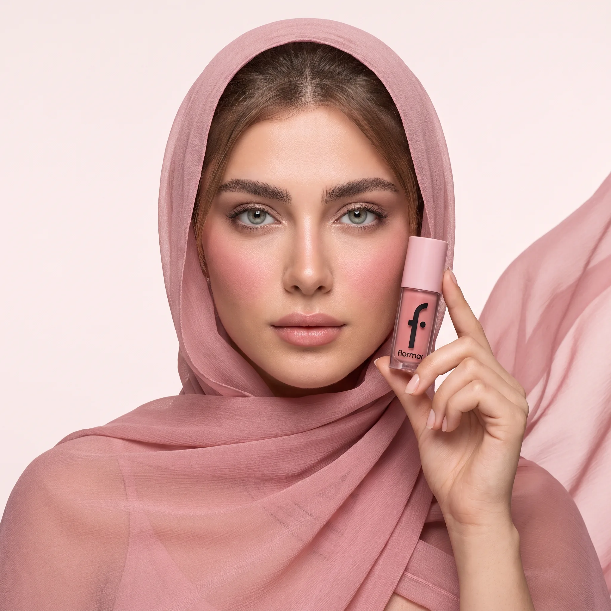 رژگونه مایع فلورمار — صدفی رز در دست مدل